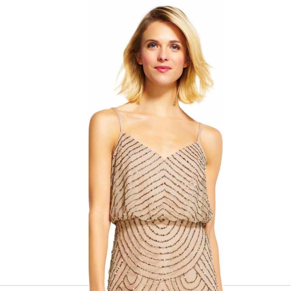 NEW Adrianna Papell Sequin Mesh‎ Blouson Dress in Taupe Pink [SZ 16 ] - Picture 7 of 10